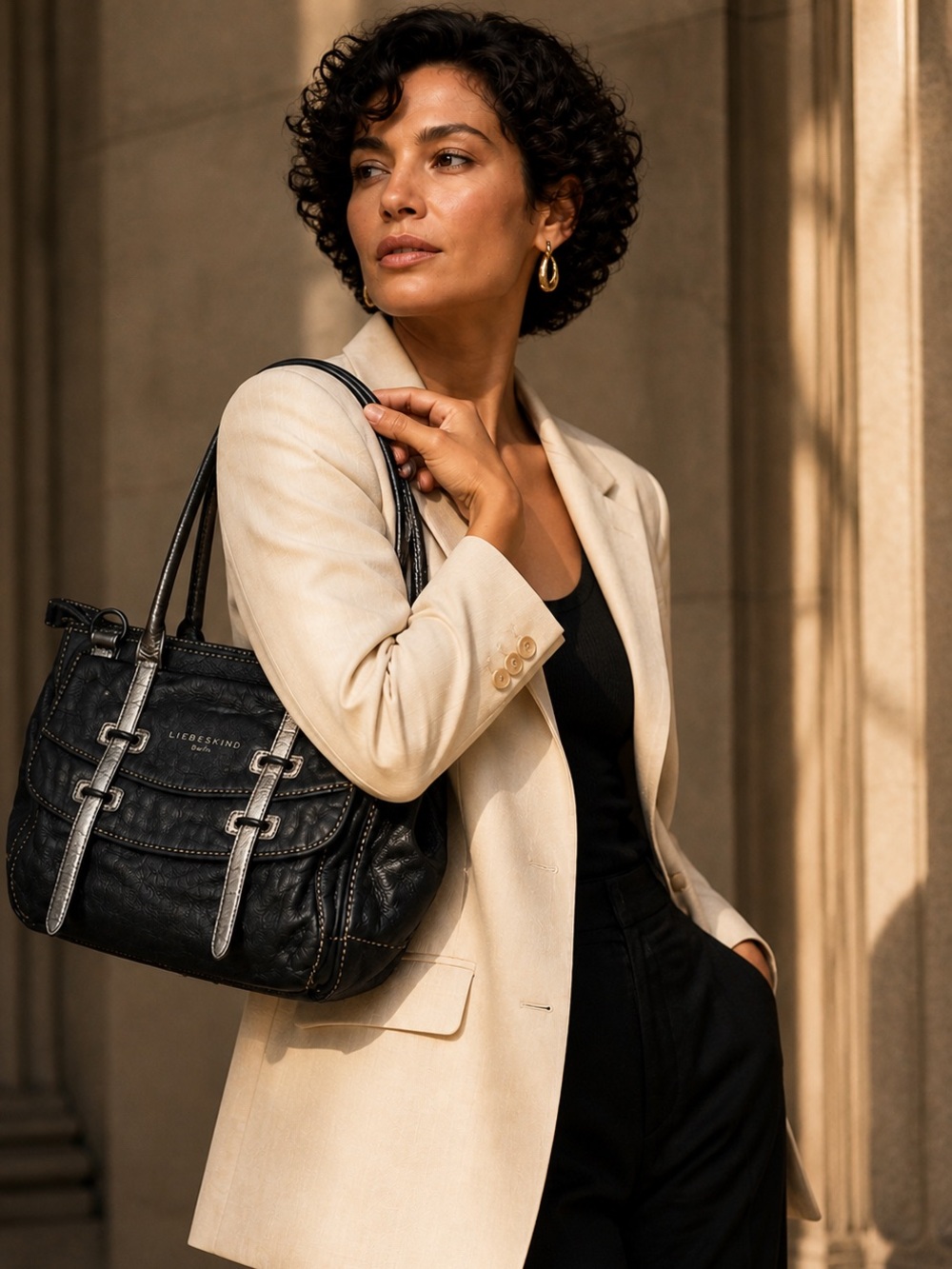 LIEBESKIND Berlin Black Leather Satchel | Silver Strap Detail | Luxe Power Bag